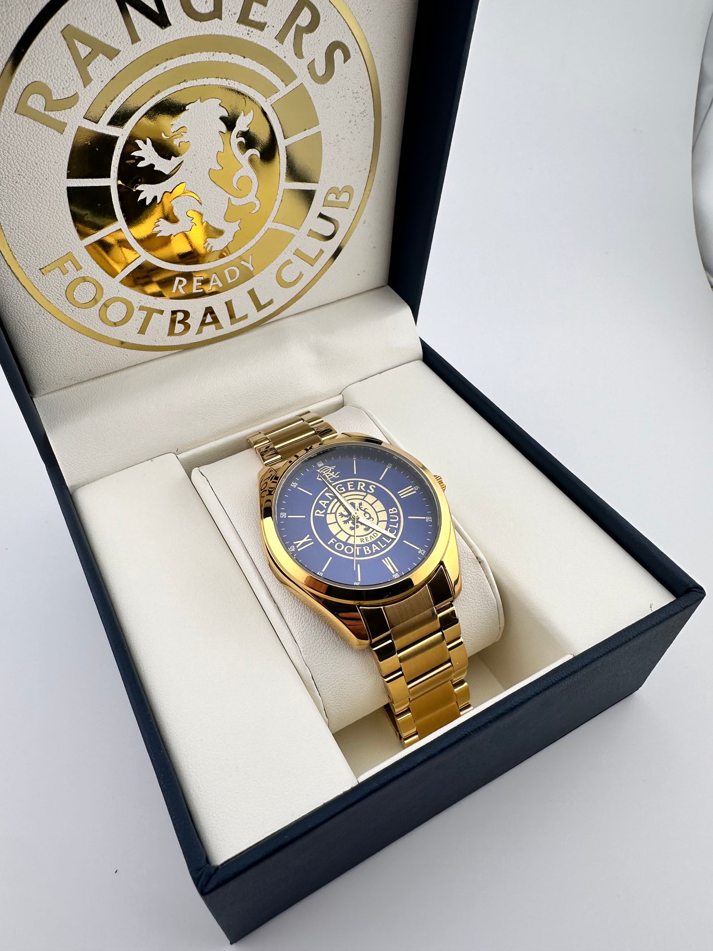 Glasgow Rangers FC Aye-Ready gold edition designer watch with blue dial